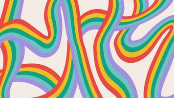 Retro rainbow background in 60-70s style. Colorful stripes on beige backdrop. Vintage wavy lines groovy design. Trendy hippie print illustration vector