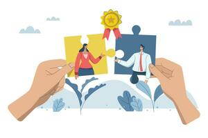 Effective teamwork, business people working together and connecting businesses, developing business and advancing strategies together. Big hands hold the jigsaw puzzle together. Vector illustration.