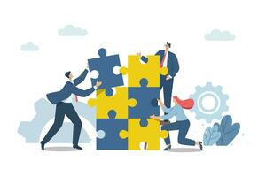 Problem solving, management, smart planning, Colleagues putting together effective solutions to work problems, A team of business men and women, or business partners putting together a jigsaw puzzle. vector