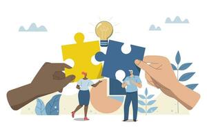 Effective teamwork, problem solving, or ways to improve, career development concept, symbol of teamwork, Business people work together to complete  jigsaw puzzle in harmony. vector