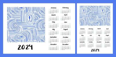 Calendar layout for 2024. Abstract marine illustration with waves and fish. Vertical and horizontal layouts for A4, A5 printing vector