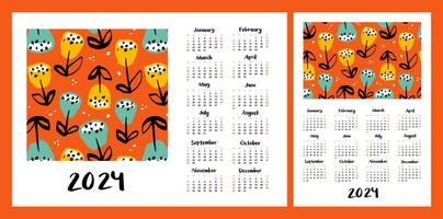 Calendar layout for 2024. Botanical illustration with flowers. Vertical and horizontal layouts for A4, A5 printing vector