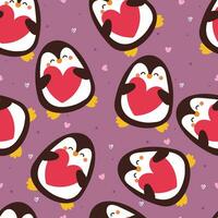 cute seamless pattern cartoon penguin holding pink heart. cute wallpaper for gift wrap paper, valentine card vector