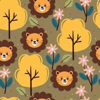 seamless pattern hand drawing cartoon lion, flower and plant. botanical wallpaper in brown background for textile, fabric print vector