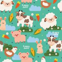 seamless pattern cartoon animal farm. cute sheep, cow, pig, chicken and bunny vector