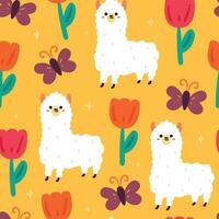 seamless pattern hand drawing cartoon llama with flower and plant. cute animal wallpaper in purple background for textile, fabric print vector