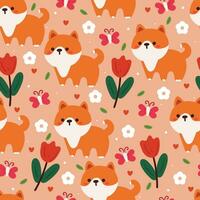 seamless pattern cartoon puppy and flower. cute animal wallpaper for gift wrap paper vector