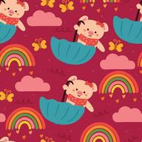 seamless pattern cartoon pig playing with umbrella in magenta background. cute animal wallpaper for gift wrap paper vector