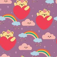 sin costura modelo dibujos animados gato con corazón forma, arco iris y nubes en púrpura antecedentes. linda fondo de pantalla para tela imprimir, regalo envolver papel vector