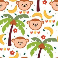 mono y flor de dibujos animados de dibujo a mano de patrones sin fisuras. dibujo animal para estampado de tela, textil, papel de regalo vector