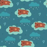 seamless pattern cartoon bear sleeping in the clouds. cute animal drawing with blue background vector