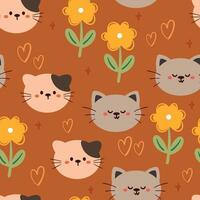 flor y gato de dibujos animados de patrones sin fisuras. lindo papel tapiz animal para textiles, papel de regalo vector