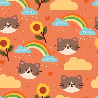 seamless pattern cartoon cat and flower. cute animal wallpaper for textile, gift wrap paper