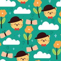 seamless pattern cartoon cat and flower. cute animal wallpaper for textile, gift wrap paper vector