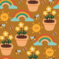 seamless pattern cartoon flower and plant in yellow sky with rainbow, clouds and cute sun. cute wallpaper for kids, gift wrap paper vector