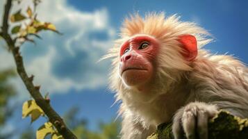 Photo of Uakari monkey in ther forest with blue sky. Generative AI