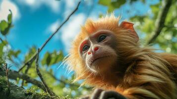 Photo of Uakari monkey in ther forest with blue sky. Generative AI