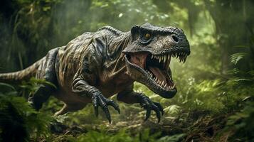 Photo of Tyrannosaurus Rex Rex in the Jungle. Generative AI