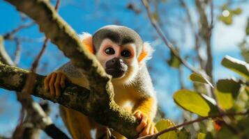 Photo of Squirrel Monkey in ther forest with blue sky. Generative AI