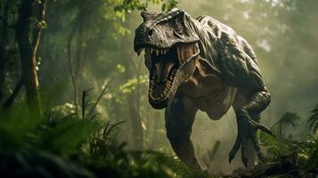 Photo of Tyrannosaurus Rex Rex in the Jungle. Generative AI