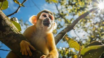 Photo of Squirrel Monkey in ther forest with blue sky. Generative AI