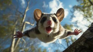 Photo of Sugar Glider in ther forest with blue sky. Generative AI