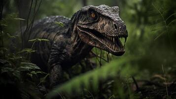 Photo of Velociraptor Rex in the Jungle. Generative AI