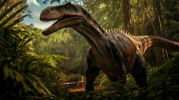 Photo of Spinosaurus Rex in the Jungle. Generative AI
