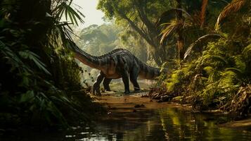 Photo of Spinosaurus Rex in the Jungle. Generative AI