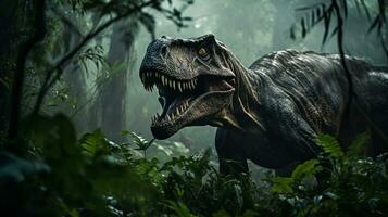 Photo of Tyrannosaurus Rex Rex in the Jungle. Generative AI