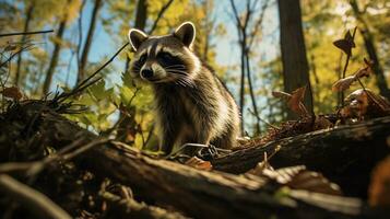 Photo of Raccoon in ther forest with blue sky. Generative AI