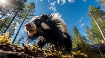 Photo of Skunk in ther forest with blue sky. Generative AI