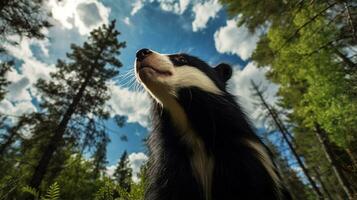 Photo of Skunk in ther forest with blue sky. Generative AI