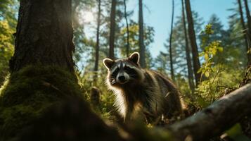 foto de mapache en El r bosque con azul cielo. generativo ai