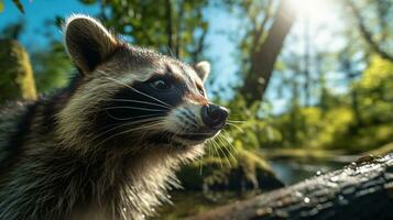 Photo of Raccoon in ther forest with blue sky. Generative AI