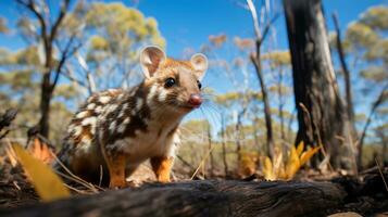Photo of Quoll in ther forest with blue sky. Generative AI