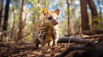 Photo of Quoll in ther forest with blue sky. Generative AI