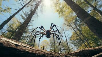 Photo of Spider in ther forest with blue sky. Generative AI