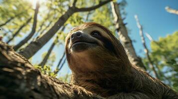 Photo of Sloth in ther forest with blue sky. Generative AI
