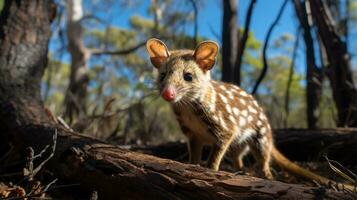 Photo of Quoll in ther forest with blue sky. Generative AI