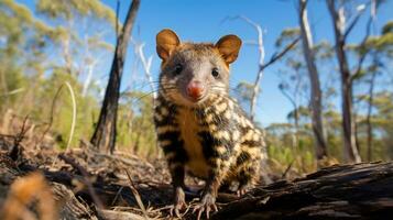 Photo of Quoll in ther forest with blue sky. Generative AI