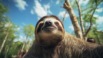 Photo of Sloth in ther forest with blue sky. Generative AI