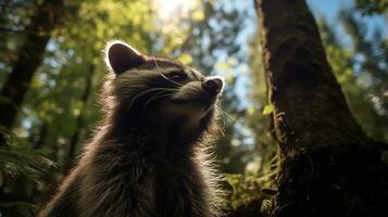 Photo of Raccoon in ther forest with blue sky. Generative AI