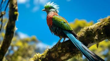 Photo of Quetzal in ther forest with blue sky. Generative AI