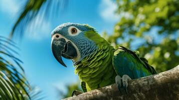 Photo of Parrot in ther forest with blue sky. Generative AI