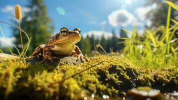 Photo of Frog in ther forest with blue sky. Generative AI