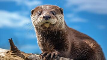 Photo of Otter in ther forest with blue sky. Generative AI