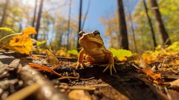 Photo of Frog in ther forest with blue sky. Generative AI