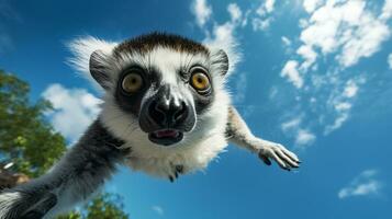 Photo of Lemur in ther forest with blue sky. Generative AI