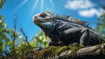 Photo of Iguana in ther forest with blue sky. Generative AI